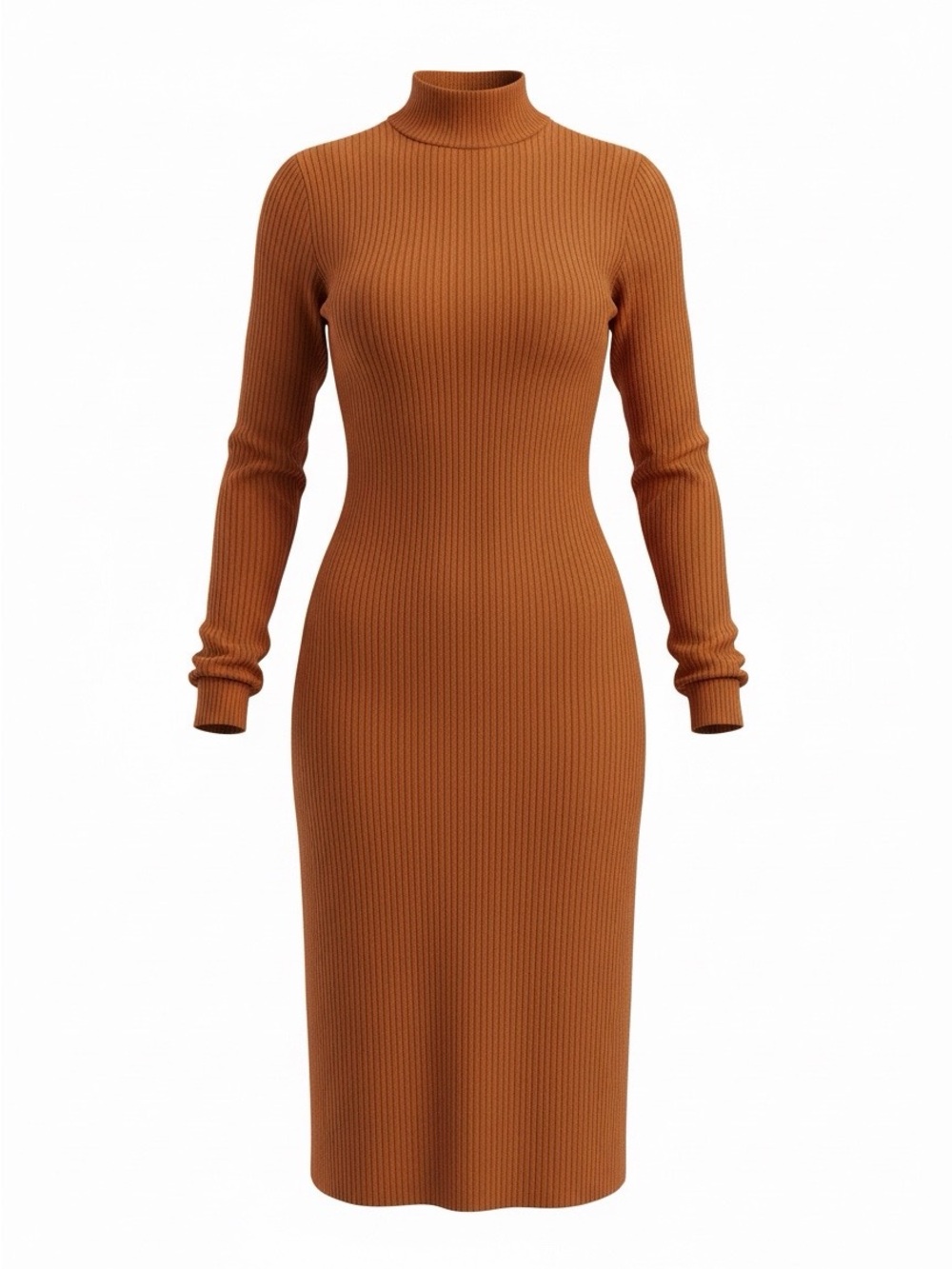 Long Sleeve Ribbed Midi Dress in Rust